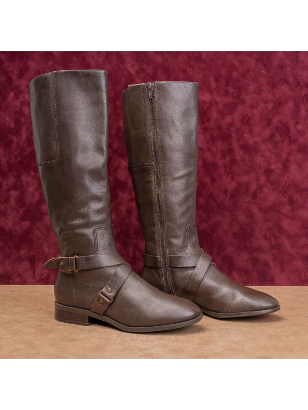 Nine West Women Vintage Y2K Brown Leather Classic Riding Zip Knee Boots sz 7
